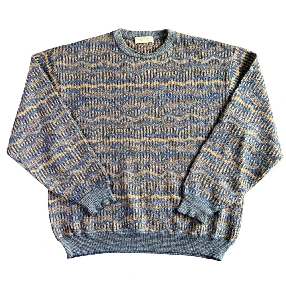 Tricots St Raphael Mens Large Vintage Blue Brown Geometric Wave‎ Knit Sweater L